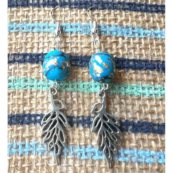 Handmade Blue & Gold Clay Bead Dangle Earrings with Silver Leaf Charm 2.75" Long - Picture 3 of 3